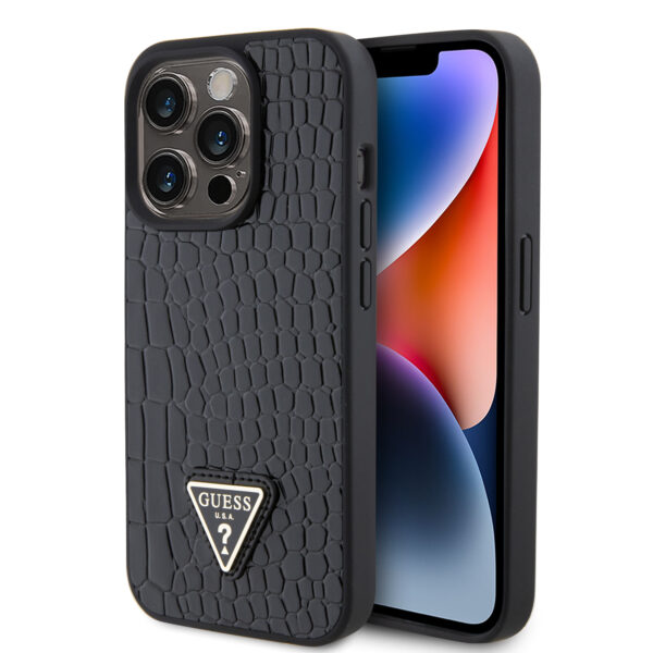 Guess “Croco Triangle Logo Collection” Custodia protettiva in ecopelle con logo metallico – iPhone 15 Pro (Nero – GUHCP15LPCRTHCK)
