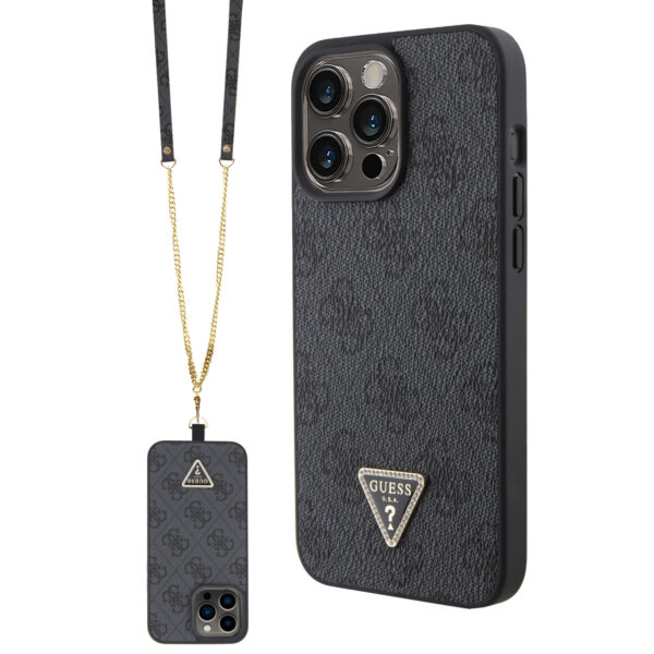 GUHCP15XP4TDSCPK_1 Guess “4G Metal Logo Strass Collection” Crossbody Case Θήκη προστασίας από δερματίνη με λουράκι – iPhone 15 Pro Max (Μαύρο – GUHCP15XP4TDSCPK)
