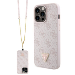 Guess “4G Metal Logo Strass Collection” Custodia a tracolla in similpelle con cinturino – iPhone 15 Pro Max (Rosa – GUHCP15XP4TDSCPP)