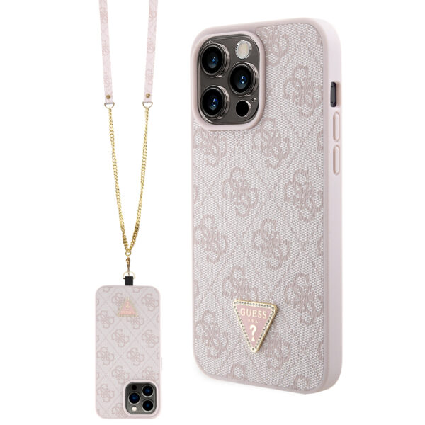 Guess “4G Metal Logo Strass Collection” Custodia a tracolla in similpelle con cinturino – iPhone 15 Pro Max (Rosa – GUHCP15XP4TDSCPP)