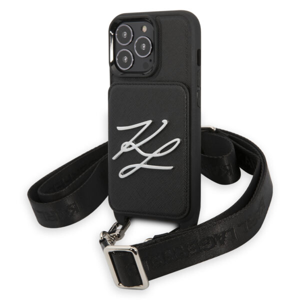 Karl Lagerfeld Crossbody Autograph Saffiano Hard Case Karl's Head Protective Leatherette Case with Strap – iPhone 13 Pro (Black - Klhcp13lsaklck)