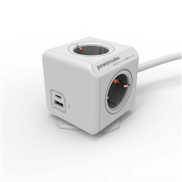 Allocacoc® PowerCube |Extended USB a+C| 4-Socket Power Strip & 1xUSB/1xUSB-C - Grey - 10435/DEEUAC
