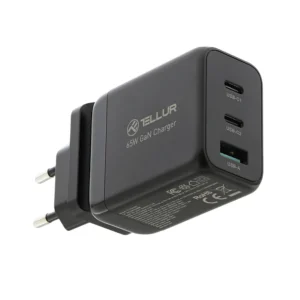 Tellur GaN 65W 3-port wall charger, 2xUSB-C + USB-A, EU, UK, US- Φορτιστής Τοίχου 3 θυρών σε μαύρο χρώμα