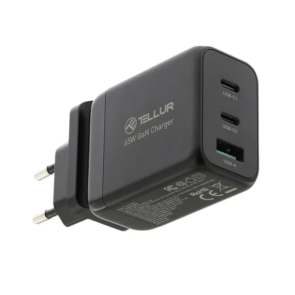 Tellur GaN 65W 3-port wall charger, 2xUSB-C + USB-A, EU, UK, US- Φορτιστής Τοίχου 3 θυρών σε μαύρο χρώμα