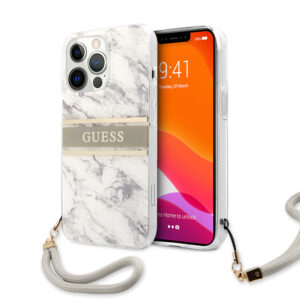 Guess "Marble Collection" Printed Stripe Θήκη προστασίας με όψη μαρμάρου και κορδονάκι χειρός – iPhone 13 Pro (Γκρι/Λευκό)