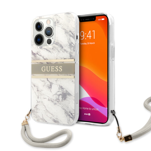 Guess "Marble Collection" Printed Stripe Θήκη προστασίας με όψη μαρμάρου και κορδονάκι χειρός – iPhone 13 Pro (Γκρι/Λευκό)