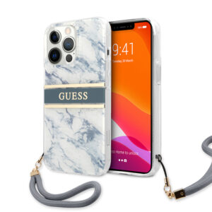 Guess "Marble Collection" Printed Stripe Θήκη προστασίας με όψη μαρμάρου και κορδονάκι χειρός – iPhone 13 Pro Max (Μπλε/Λευκό)