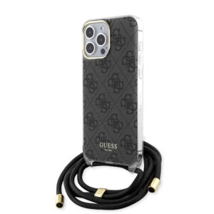Guess "4G Logo Collection" Crossbody Hard Case Script Metal Logo Θήκη προστασίας από σιλικόνη με λουράκι – iPhone 15 Pro (Μαύρο – GUHCP15LHC4SEK)