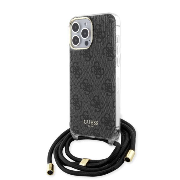 Guess "4G Logo Collection" Crossbody Hard Case Script Metal Logo Θήκη προστασίας από σιλικόνη με λουράκι – iPhone 15 Pro (Μαύρο – GUHCP15LHC4SEK)