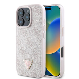 Guess “Triangle Metal Logo Strass Collection” Case Θήκη προστασίας από δερματίνη – iPhone 16 Pro (Ροζ – GUHCP16LP4TDPP)