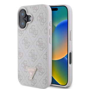 Guess “Triangle Metal Logo Strass Collection” Case Θήκη προστασίας από δερματίνη – iPhone 16 (Ροζ – GUHCP16SP4TDPP)