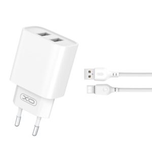 XO wall charger CE02C 2x USB 2,1A white – Φορτιστής Ταχείας Φόρτισης Τοίχου Ταξιδίου με καλώδιο USB-C
