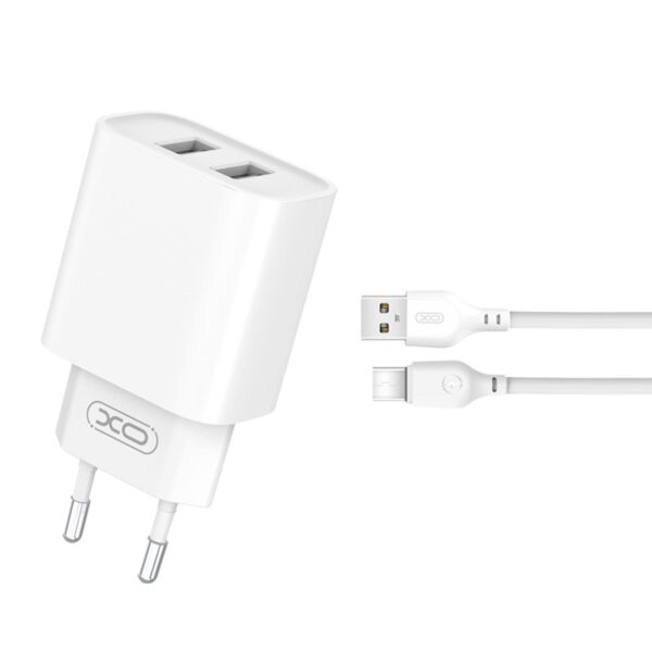 XO wall charger CE02C 2x USB 2,1A white – Φορτιστής Ταχείας Φόρτισης Τοίχου Ταξιδίου με καλώδιο USB-C
