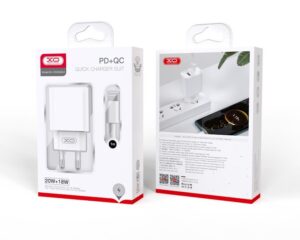 XO CE02A Φορτιστής Τοίχου 20W με Power Delivery & Quick Charge 3.0 – 2 Θύρες (USB-A & USB-C) + Καλώδιο USB-C σε Lightning