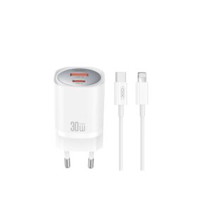 XO Wall Charger CE21 (1xUSB-A, 1x USB-C) 30W - Φορτιστής Ταχείας Φόρτισης Τοίχου Ταξιδίου με καλώδιο USB-C / Lightning