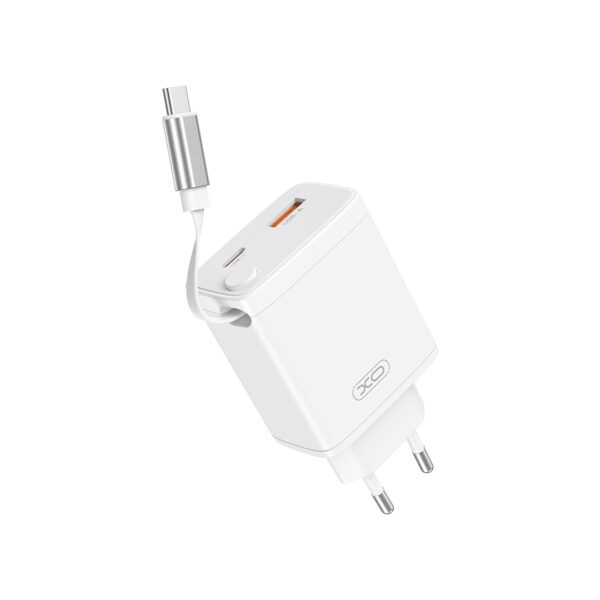 XO Wall Charger CE31 (1xUSB-A, 1x USB-C) 30W - Φορτιστής Ταχείας Φόρτισης Τοίχου Ταξιδίου με αναδιπλούμενο καλώδιο