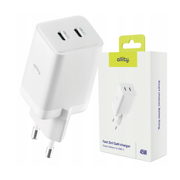 449709_oryg Φορτιστής τοίχου Allity GaN PD QC ATC-01-45WCC 2x USB-c 45W λευκός