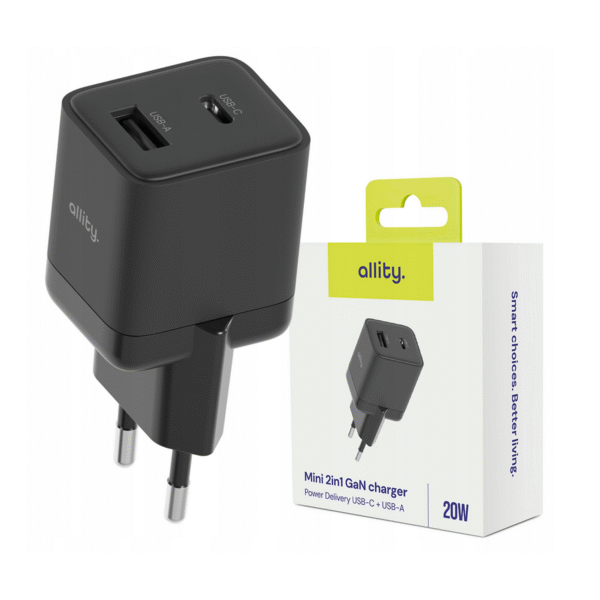 449807_oryg Φορτιστής τοίχου Allity GaN PD QC ATC-01-20WAC 1x USB-c 1x USB-a 20W μαύρος